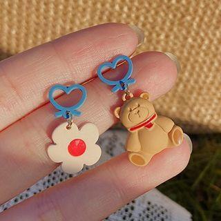 Bear & Flower Asymmetrical Dangle Earring 1 Pair - 925 Silver Needle - Bear & Flower - Brown & Nude Pink - One Size