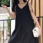 Sleeveless V-neck Plain Dress Black - One Size