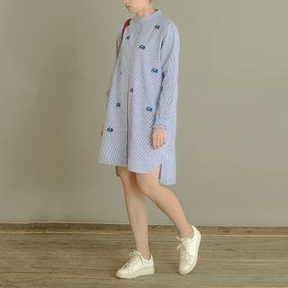 Long-sleeve Elephant Embroidery Striped Shirt Dress Light Blue - One Size