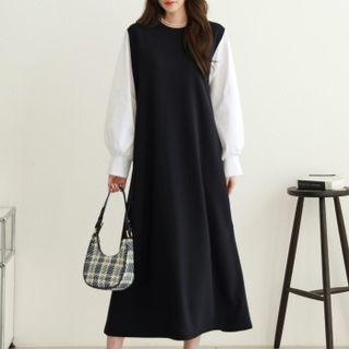 Contrast Balloon-sleeve Maxi Dress