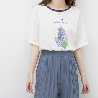 Round-neck Plant Print Short-sleeve Top