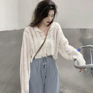 Long-sleeve Lapel Button-up Knit Crop Top / Drawstring Slit Wide Leg Pants