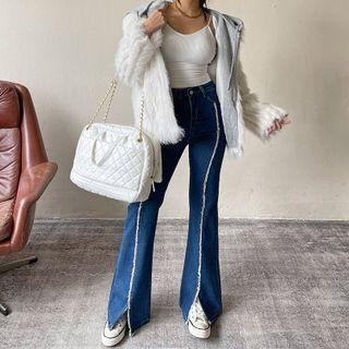Fringed Slit-hem Boot-cut Jeans
