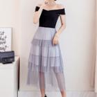 Set: Plain Short-sleeve Top + Tiered Midi Skirt