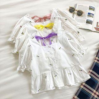 Floral Embroidered Square-neck Short-sleeve Lace-up Top