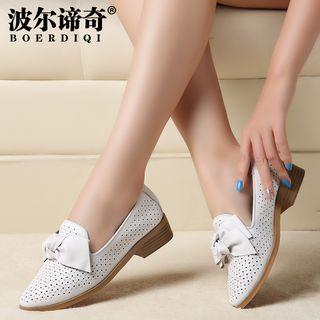 Genuine-leather Bow-accent Flats
