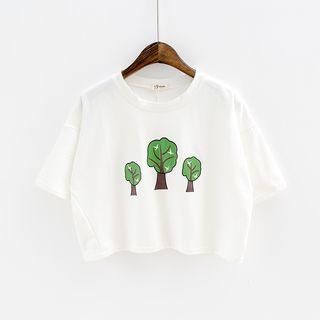 Tree Print Cropped Short Sleeve T-shirt