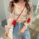 Long-sleeve Drawstring Floral Cropped Top