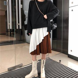 Plain Loose-fit Pullover / Color-block Skirt