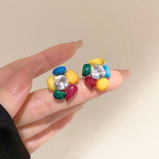 Flower Rhinestone Stud Earring 1 Pair - Yellow & Blue & Green - One Size