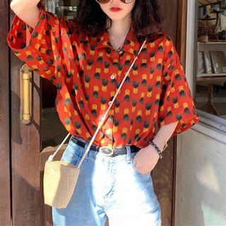 3/4-sleeve Pineapple Patterned Chiffon Shirt As Shown In Figure - One Size
