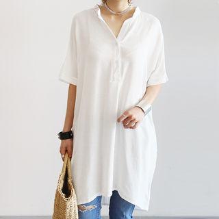 Half-placket Short-sleeve Long Shirt