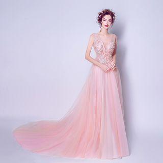 Sleeveless Beaded Applique Evening Gown
