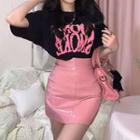 Short-sleeve Lettering Print T-shirt / Patent Mini Pencil Skirt