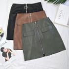 Faux Leather Zip-front A-line Skirt