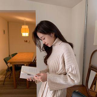 Turtleneck Ribbed Sweater & Sash Beige - One Size