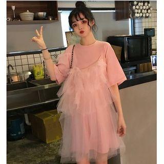 Set: Elbow-sleeve T-shirt Dress + Spaghetti Strap Mesh A-line Dress