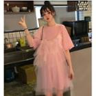 Set: Elbow-sleeve T-shirt Dress + Spaghetti Strap Mesh A-line Dress