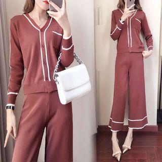 Set: Contrast-trim Cardigan + Cropped Wide-leg Knit Pants
