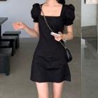 Puff-sleeve Square-neck Mini Sheath Dress Black - One Size