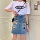Insect Embroidered Mini A-line Denim Skirt
