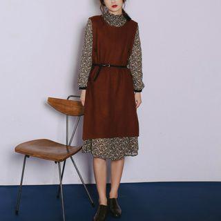 Set: Printed Long-sleeve Midi Dress + Sleeveless Dress