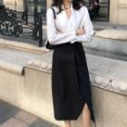 V-neck Blouse / Cut Out Midi Pencil Skirt