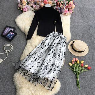 Set: Mock-neck Knit Top + Embroidered Maxi A-line Skirt