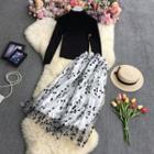 Set: Mock-neck Knit Top + Embroidered Maxi A-line Skirt