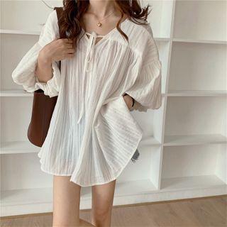 Puff-sleeve Mini Tunic Dress White - One Size