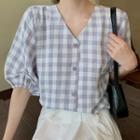 Puff-sleeve Checked Buttoned V-neck Top