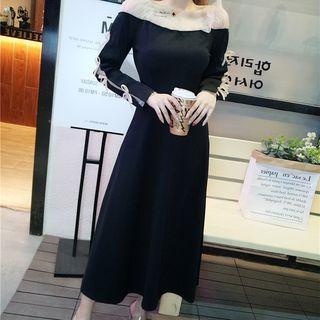 Off-shoulder Ruffle Trim Long-sleeve Midi A-line Dress