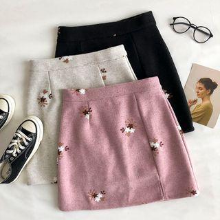 Floral High-waist A-line Woolen Skirt