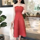 Mock-two Piece Mesh Panel Suede-leather Midi Dress