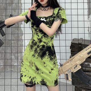 Short-sleeve Tie-dye Print Mini A-line Dress