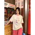 Short-sleeve Cartoon Print Ringer T-shirt White - One Size