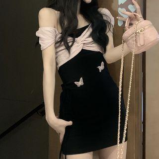 Short-sleeve Off-shoulder Mini Sheath Dress Black & Light Pink - One Size
