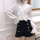 Bell-sleeve Blouse / Double-breasted Shorts