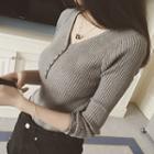 Buttoned V-neck Rib Knit Top