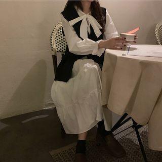 Knit Vest / Long-sleeve Ruffled Midi Dress