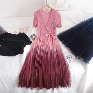 Short-sleeve Open-collar Tie-waist A-line Dress