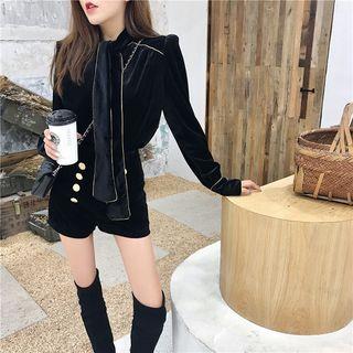 Velvet Long-sleeve Loose-fit Blouse / High-waist Shorts