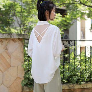 3/4-sleeve Open Back Shirt White - One Size