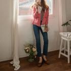 Round-neck Faux-pearl Buttoned Cardigan Pink - One Size