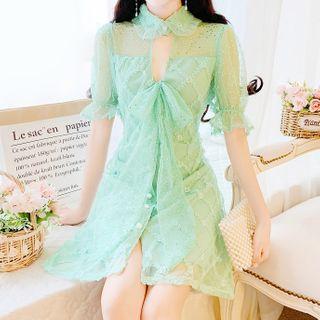 Puff-sleeve Mesh Lace A-line Dress