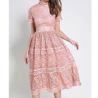 Short-sleeve Stripe Panel Midi A-line Lace Dress
