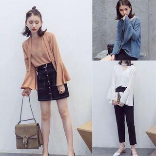 Plain Bell-sleeve Chiffon Top