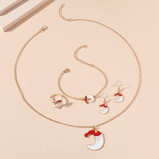 Set: Christmas Santa Glaze Pendant Necklace + Dangle Earring + Bracelet + Ring Set - White - One Size