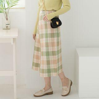 Check Asymmetric Hem A-line Skirt Light Green - One Size