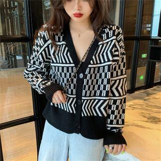 Pattern V-neck Cardigan Cardigan - Black & White - One Size